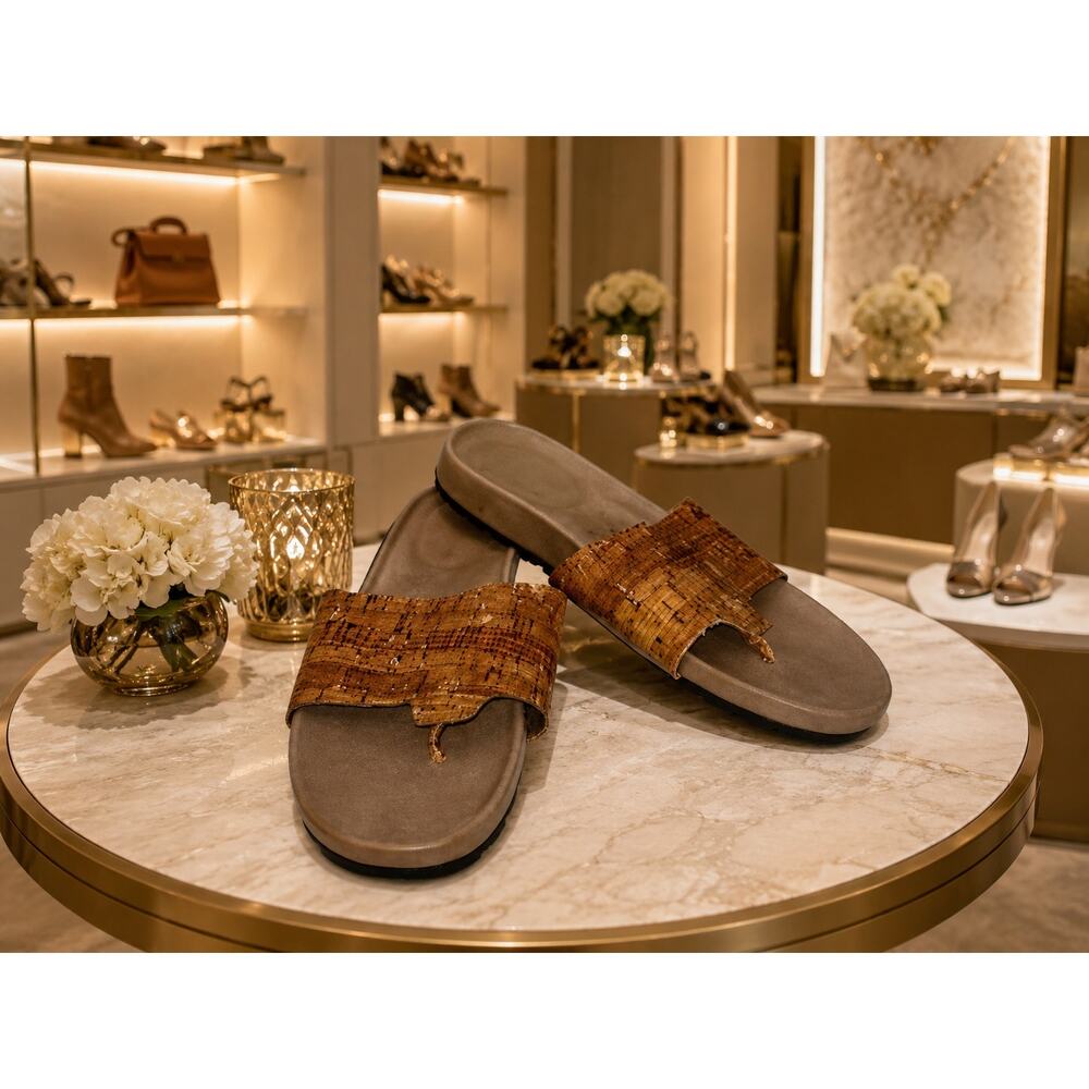 Donald J Pliner Cork Thong Sandals Slides Brown 1” Heel NWOB 9M Resort Travel